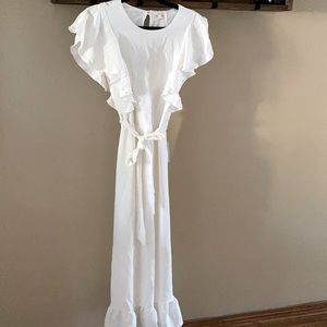 WHITE MIDI DRESS:Ruffle sleeve, waist tie zip closure back. Key hole button back